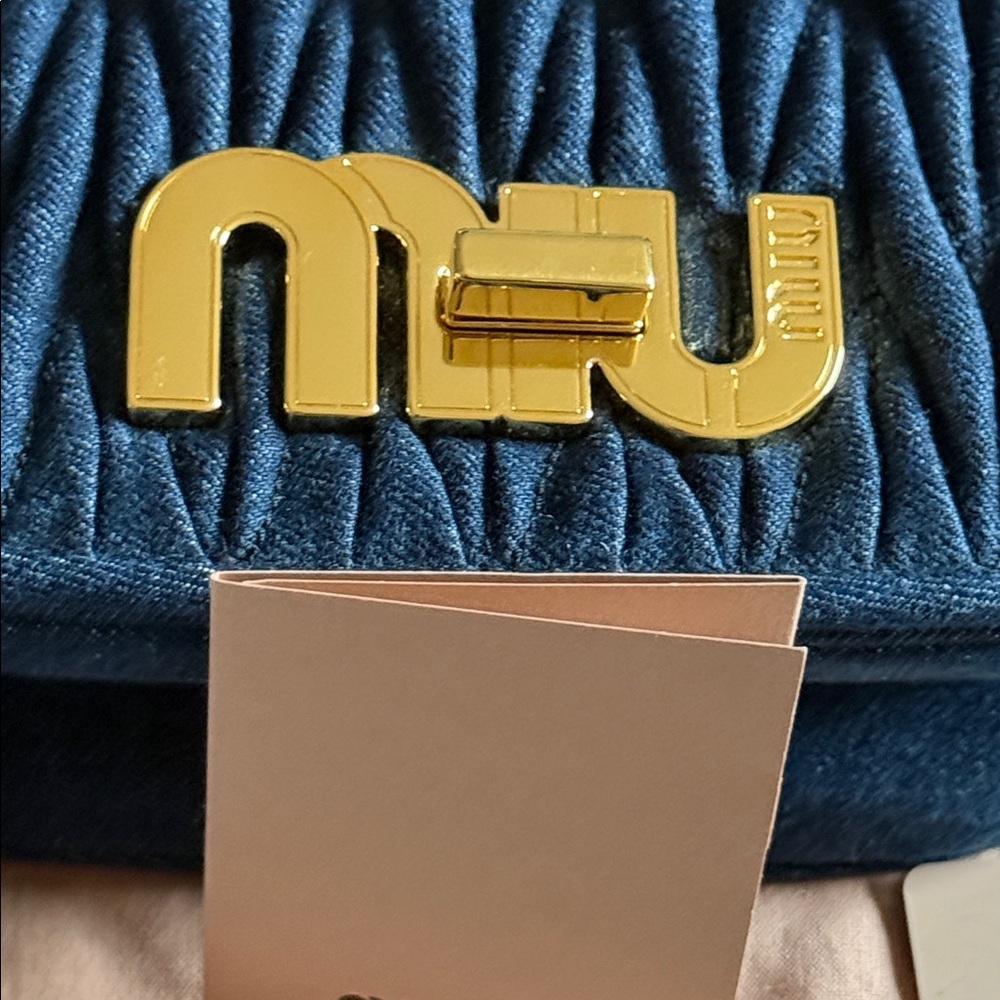 Miu Miu logo Maltalese Denim Blue Quilted Crossbody Bag gold hardware dust bag - Picture 3 of 15